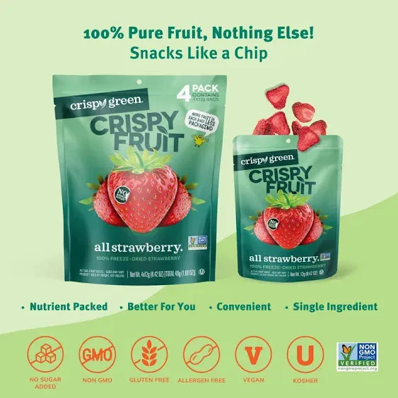 Crispy Green Natural Freeze-Dried Fruit, Strawberry, No Sugar Added, Single-Serve, 0.42 Ounce (Pack of 12)