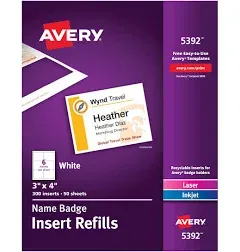 Avery Printable Laser/Inkjet Name Badge Insert Refills, 3" x 4", White, 300 Inserts Per Box (5392)