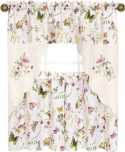 PowerSellerUSA Floral Butterflies Tier Panels and Swag Curtains, 3-Piece Window Curtains & Valance, for Kitchen or Living Room, Cafe Curtains for Small Windows, Floral Butterflies, 58" W x 36" L