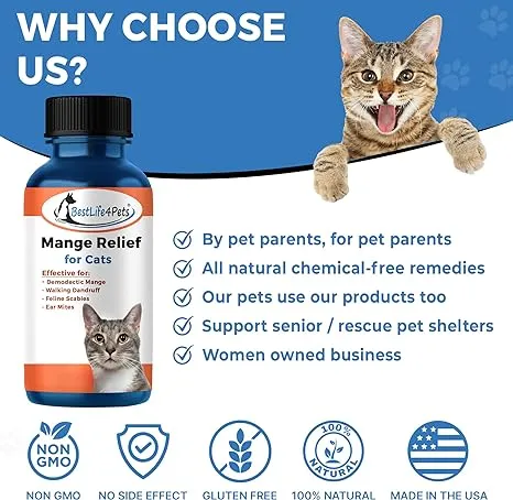 BestLife4Pets Demodectic Mange and Scabies Relief for Cats - Ear Mites & Itch Relief Supplements for Cat Itching Relief - Restores Healthy Feline