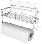 ESOW Paper Towel Holder with Shelf Storage, Adhesive Wall Mount 2-in-1 Basket Organizer for Kitchen & Bathroom, Durable Metal Wire Design, Stainless Steel 304 Brushed Nickel Finish