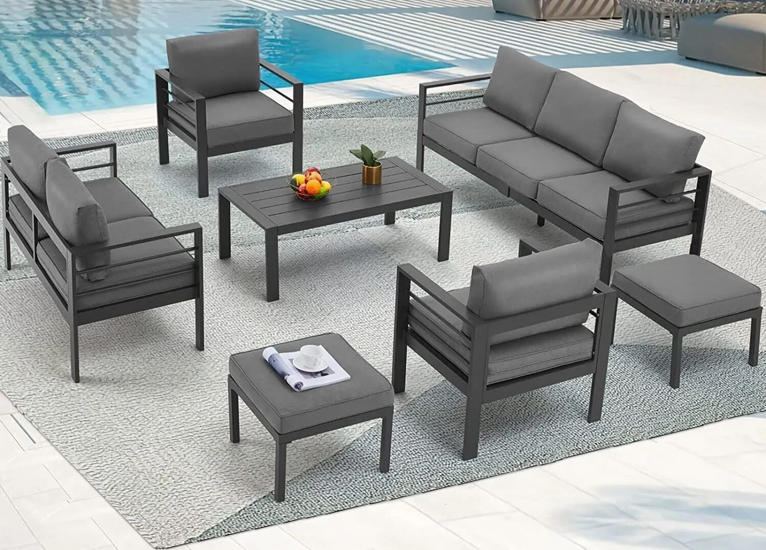 AECOJOY Aluminum Outdoor Furniture Set 7 Pieces Sectional Sofa Patio Conversation Set - Light Gray