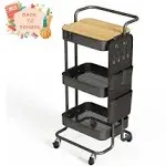 DTK 3 Tier Metal Utility Rolling Cart with Table Top and Side Bags, Tray Storage Organizer Wheels, Art Craft 4 Hooks for Kitchen Bathroom Office