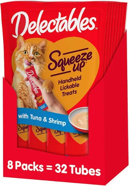 Delectables Squeeze Up Lickable Wet Cat Treats, Tuna &amp; Shrimp, 24 Count, 12 oz