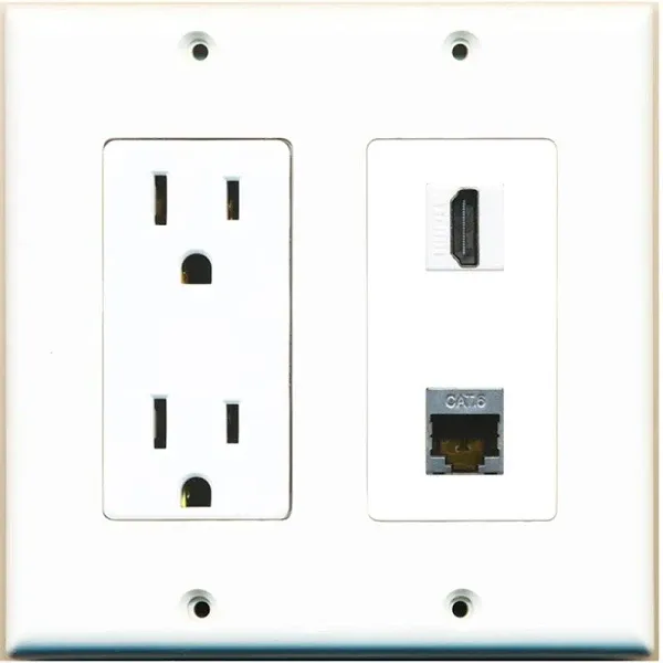 RiteAV - 15 Amp Power Outlet and 1 Port Cat6 Ethernet White Decorative Type Wall Plate White