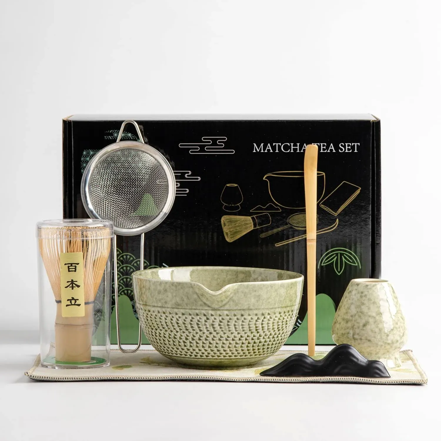 DWEHIXBUY Japanese Matcha Ceremony Accessory, Matcha Whisk, Traditional Scoop (Chashaku), Tea Spoon, Whisk Holder, 1 Tea Bowl, 1 Tea siev, The