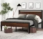 SHA CERLIN 14 Inch King Size Metal Platform Bed Frame with Wooden Headboard and Footboard