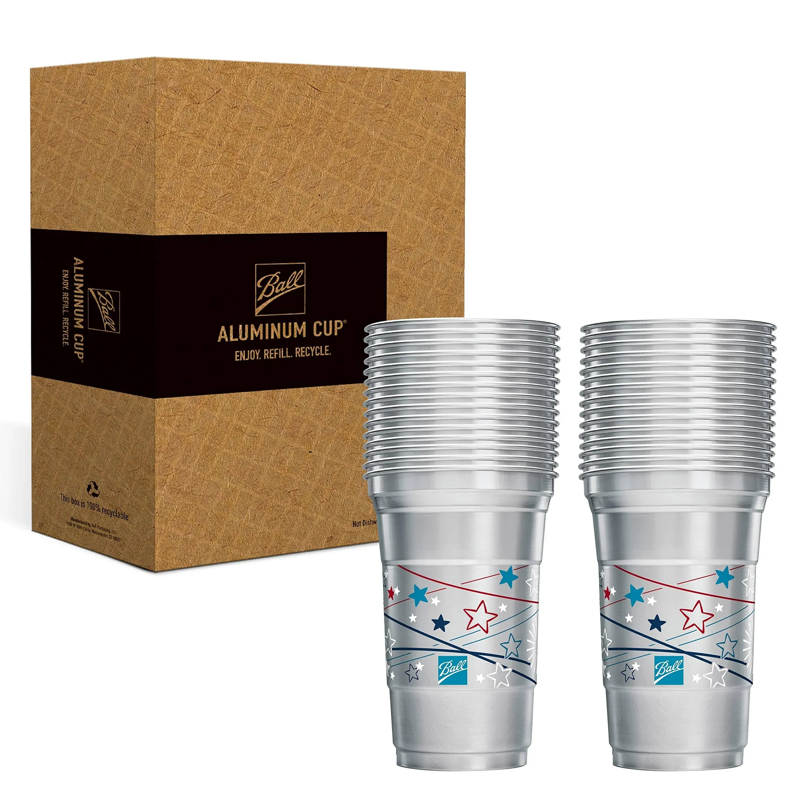 Ball Aluminum Cup Recyclable Party Cups, Patriotic Cup Design, 20 oz. Cup, 30 Cups per Pack