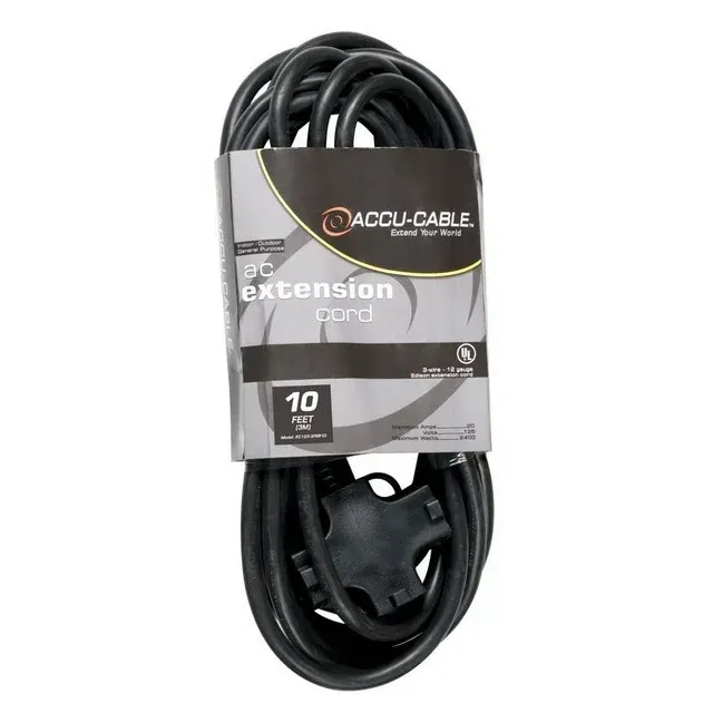 American DJ EC-123-3FER10 Black 10 Foot Accu-Cable 3-Wire 12-Gauge Edison AC Extension Cord