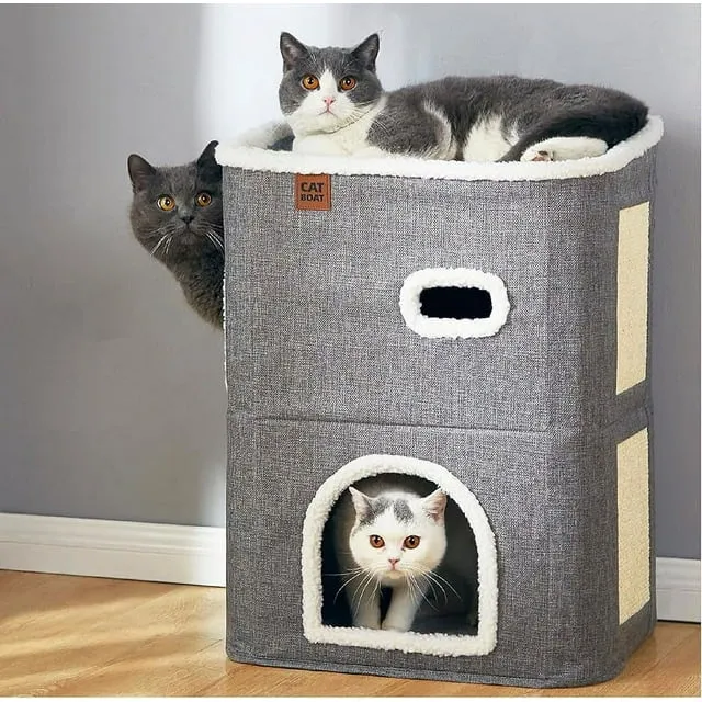 Catboat 2-Storey Cat House for Indoor Cats Bed, Covered Cat Beds & Furniture with Scratch Pad and Hideaway Cave, Cute Modern Cat Condo for Multi