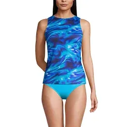 Lands' End Women's Chlorine Resistant High Neck UPF 50 Modest Tankini Swimsuit Top - Black Multi Paisley Floral