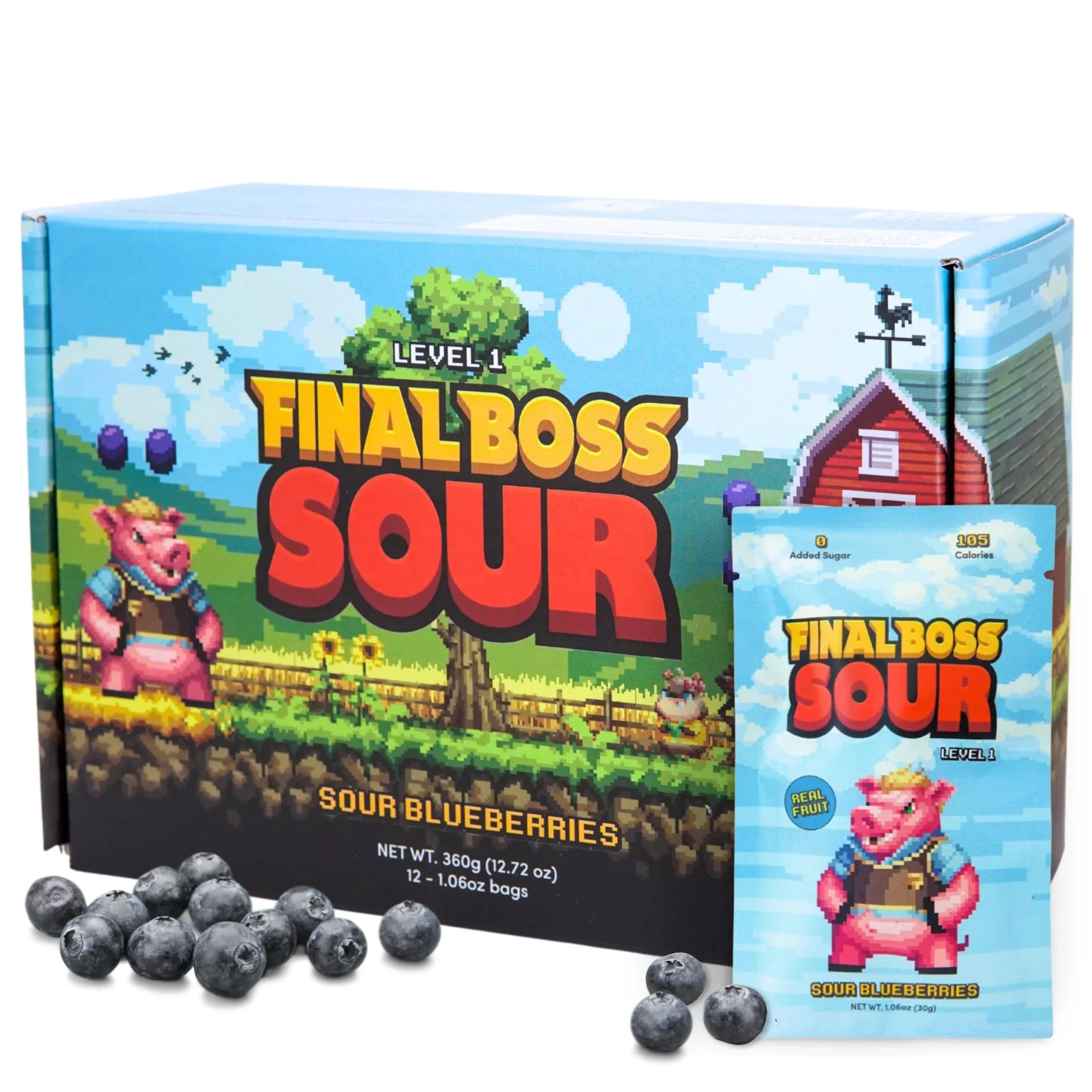 Final Boss Extremely Super Sour Candy, Natural Chewy Dried Blueberry Gummies Made with Dried Fruit, Dye & Gluten Free, Low Calorie Healthy Snack for Kids & Adults, 1.06oz, 12 Pack (LvL 1 Sourness)