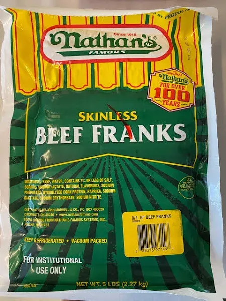 Nathan's Famous Beef Franks, Skinless, 8 Bun Length