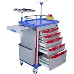 Medical Crash Cart with Emergency Accessory - Cardiac Board, IV Pole, O2 Holder, Power Strip, Trash Bin, Drawers with Dividers - Mobile Emergency Cart for Hospitals and Clinics (ET-01)