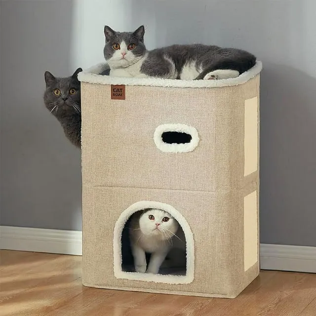 2-Storey Cat House for Indoor Cats Bed, Covered Cat Beds &amp; Furniture with Scratch Pad and Hideaway Cave, Cute Modern Cat Condo for Multi Small Pet Large Kitten Kitty, Grey