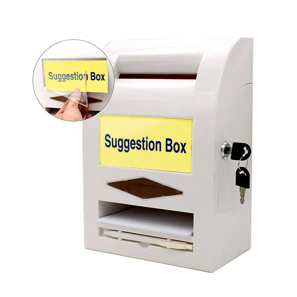 Suggestion Box, Donation Box, Post Box, Comment Box, Lock and Pen for Wall or Countertop, 6 Replaceable Labels