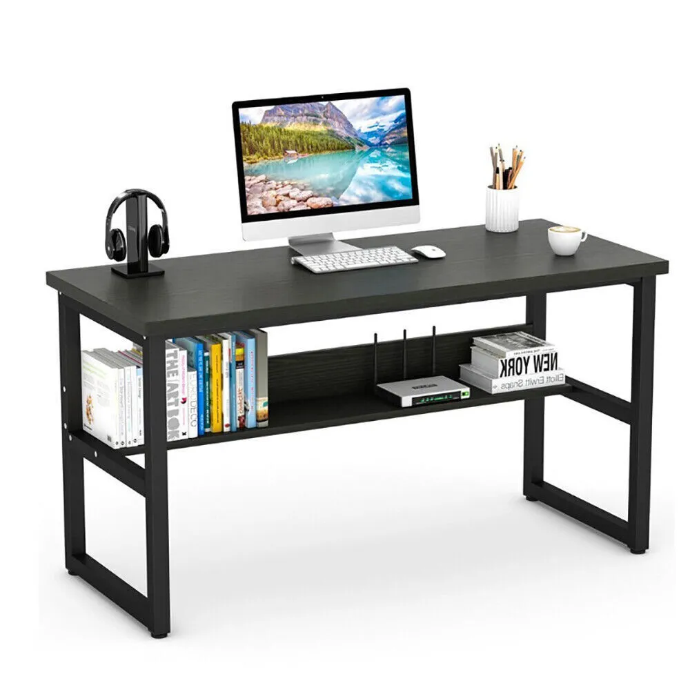 HOMCOM 55 inch Home Office Computer Desk Study Writing Workstation with Storage Shelves Elevated Monitor Shelf CPU Stand Durable Grey