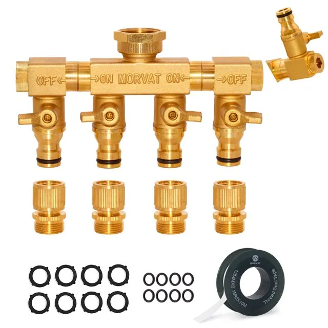 Morvat Brass 4 Way Splitter with Rotating Arms, Garden Hose Manifold Connector with On/Off Valves & Quick Connect Fittings, Water Faucet & Spigot