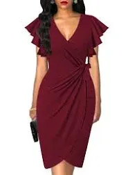 oten Deep V Neck Ruffle Sleeve Sheath Cocktail Party Work Faux Wrap Dress M