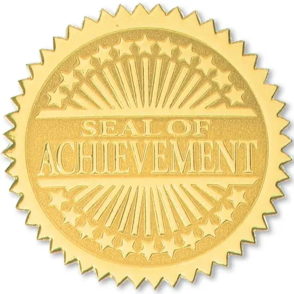 PaperDirect Seal of Achievement Embossed Starburst Gold Certificate Seals, 2 Inch, Self Adhesive, 100 Count, Embossed Seals for Certificates, Achievement and Award Stickers for School, Work, Diploma