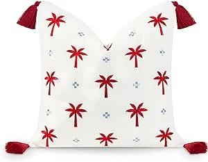 Hofdeco Premium Coastal Hampton Style Patio Indoor Outdoor Lumbar Pillow Cover Only, 12"x20" Water Resistant for Backyard, Couch, Baby Blue Red Stripe Tassel