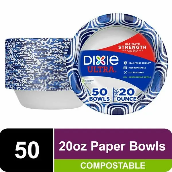 Dixie Ultra Disposable Compostable Paper Bowls, 20 Ounce, 50 Count