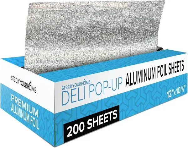 200 Count Pre-Cut Deli Aluminum Foil Sheets, 9” Pop Up Foil Sheets for Restaurant, Disposable Foil Sheets for Food, Tin Foil Sheets for Burrito, Hot Dog or Sandwich, Stock Your Home