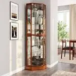 Belleze Lighted Curio Cabinet Corner Display Case for Living Room China Hutch with Tempered Glass Doors and Shelves Wooden Accent Cabinet Bar and Liqu