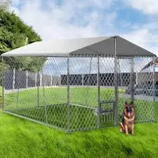 Upgraded 7.5×7.5×5.6FT Outdoor Dog Kennel with Roof and Bowls, Large Dog House Pen Enclosure with Sidebar, Heavy Duty Chain Link Dog Cage Run with Openable Feeding Doors