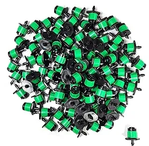 (100-PACK) - 1/4" Inch 360 Degree Drip Emitter On 6" Stake Sprayer Adjustable Flow 0-20 GPH, Fits 1/4 (4-6mm) Irrigation Tubing - Micro Bubbler Drippers for Drip Irrigation (100 Pack Dripper on Barb)