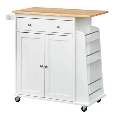 Target Marketing Systems Sonoma Kitchen Island Cart Storage with 2 Drawers, 1 Cabinet, Towel & Spice Rack, Rubberwood Top Organizer Breakfast Bar with Wheels, 18" D x 35" W x 36" H, White/Natural