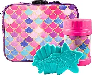 Bentology Kids Lunch Tote Set Meramaid Pink & Purple-Includes Reusable Hard Ice Pack & Stainless Steel Food Jar Thermos-Hot or Cold Food for Hours-Perfect Lunchbox Kit for Boys & Girls, Back to School