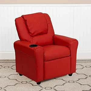 Emma + Oliver Red Vinyl Kids Recliner with Cup Holder and Headrest