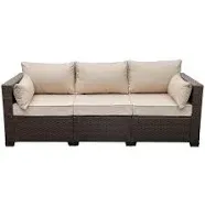 Waroom Patio Couch PE Wicker 3-Seat Outdoor Brown Rattan Sofa Deep Seating Furniture with Non-Slip