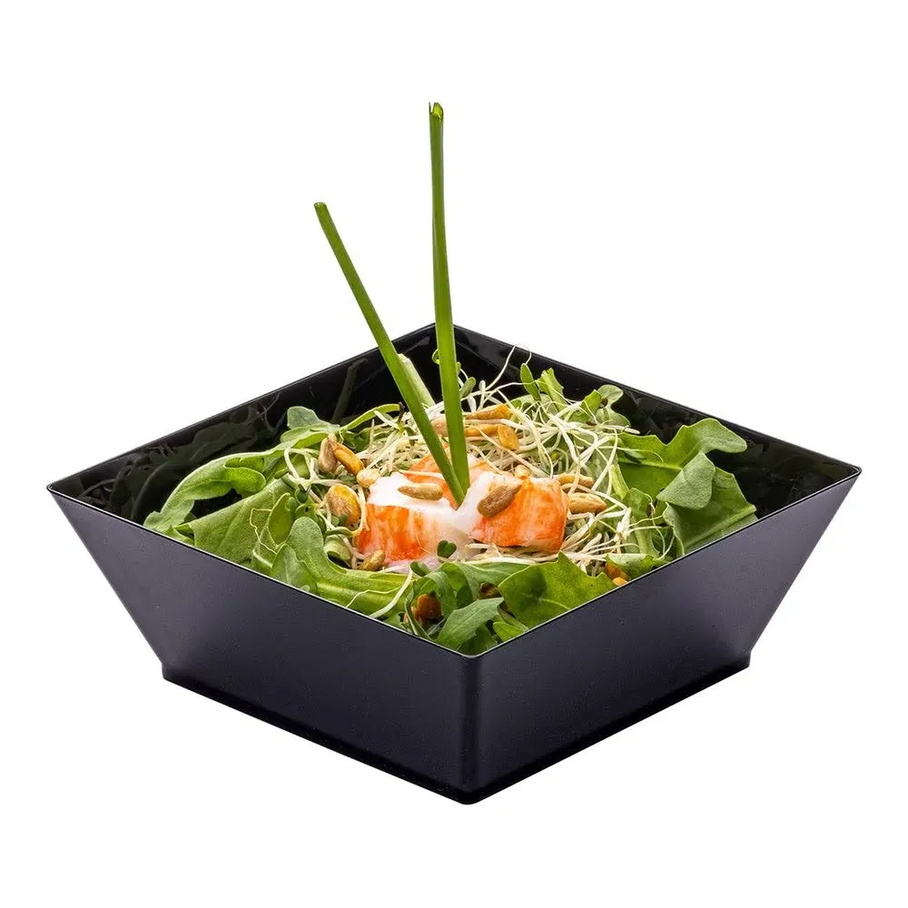 Restaurantware 10 Ounce Square Bowls 25 Disposable Serving Bowls - Heavy-Duty Premium Black Plastic Salad Bowls For Parties Catering Or Buffets Serve Desserts Chips Popcorn Or Candies