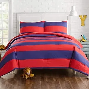 URBAN PLAYGROUND All Seasons Lavelle Red/Blue Stripe Comforter Set with 2 Pillow Cases - 3 Piece Soft Brushed Microfiber Kids Bedding Set for Boys/Girls – Machine Washable (Full/Queen)