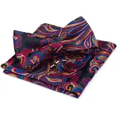 GUSLESON Paisley Adjustable Pre-tied Bow Tie and Pocket Square Cufflink Set with Gift Box