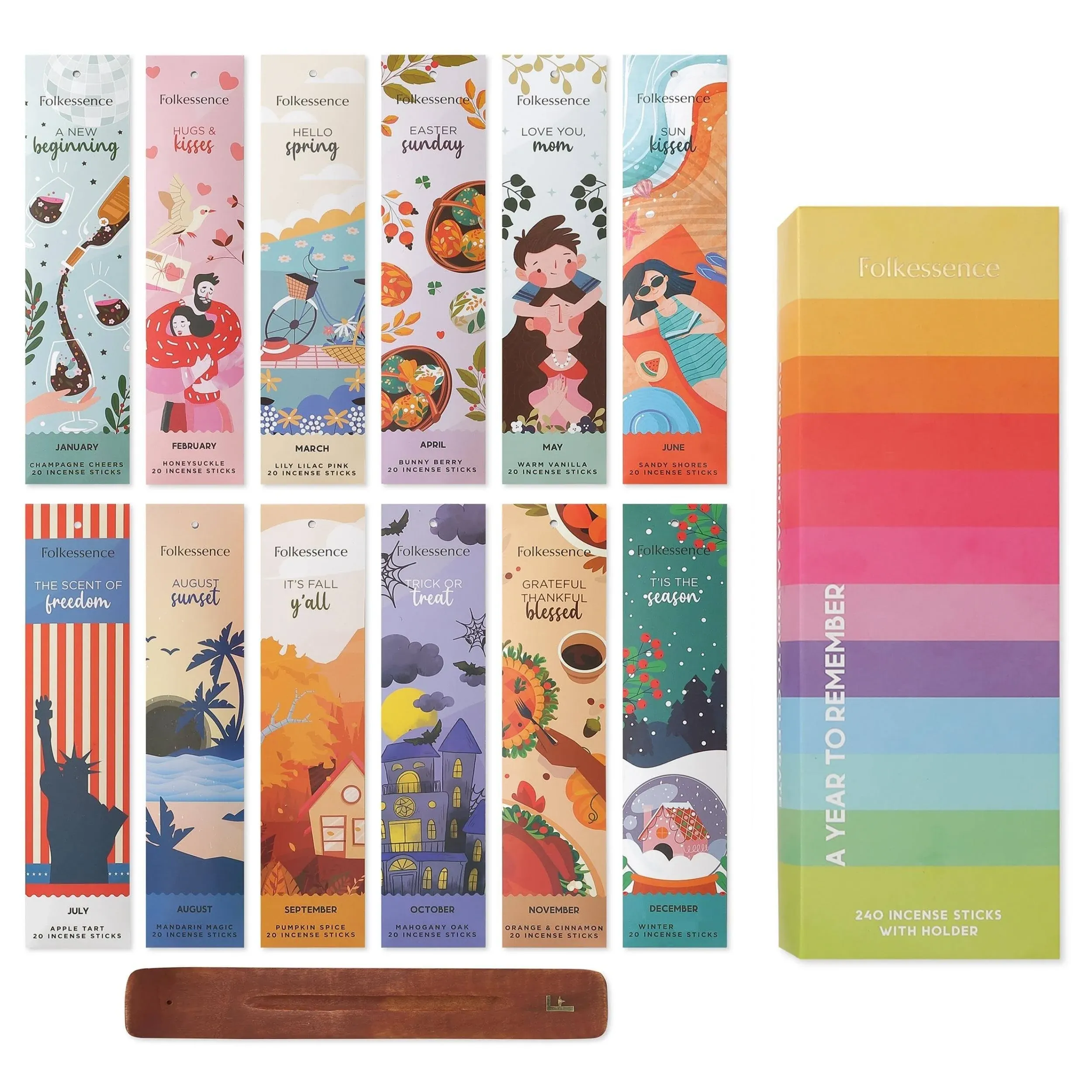 Folkulture Incense Sticks Gift Set - Pack of 12 Insenses (240 Sticks) with Incense Holder - Frankincense Bergamot Jasmine Rose Patchouli Palo Santo Lavender Organic Inscents-sticks - Cosmic Intentions