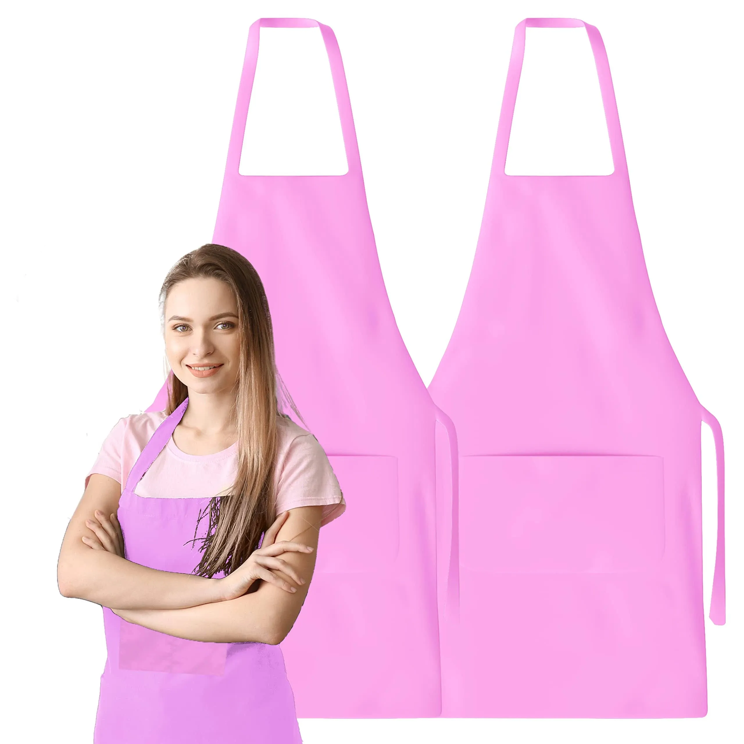 2 Pack Bib Apron - Unisex Pink Aprons Machine Washable Aprons for Men and Wom...