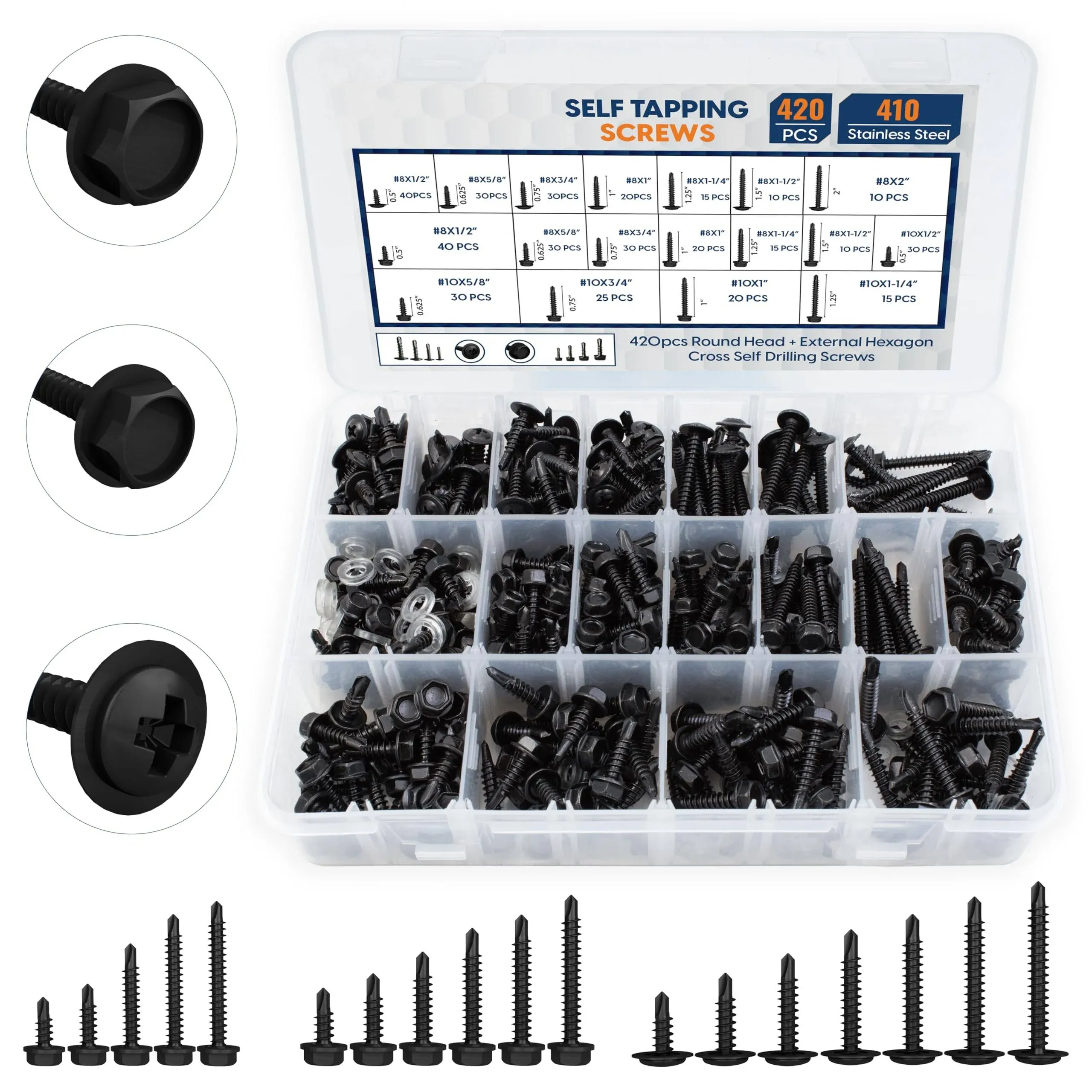 420Pcs Self Tapping Screws for Metal – 410 Stainless Steel Self Drilling Screws — 1/2" to 2" Self Tapping Sheet Metal Screws,#8#10 Black Oxide Screws for Building, Metal, Wood, and Plastic