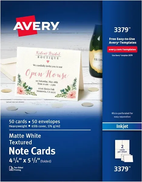 Avery Printable Note Cards with Envelopes, 4.25" x 5.5", Textured White, 50 Blank Note Cards for Inkjet Printers (3379)