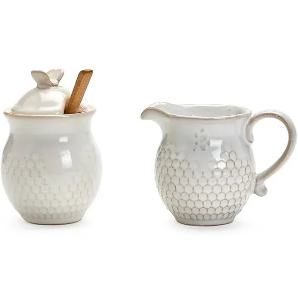 Two's Company Bee Honeycomb Sugar and Creamer Set with Wooden Spoon