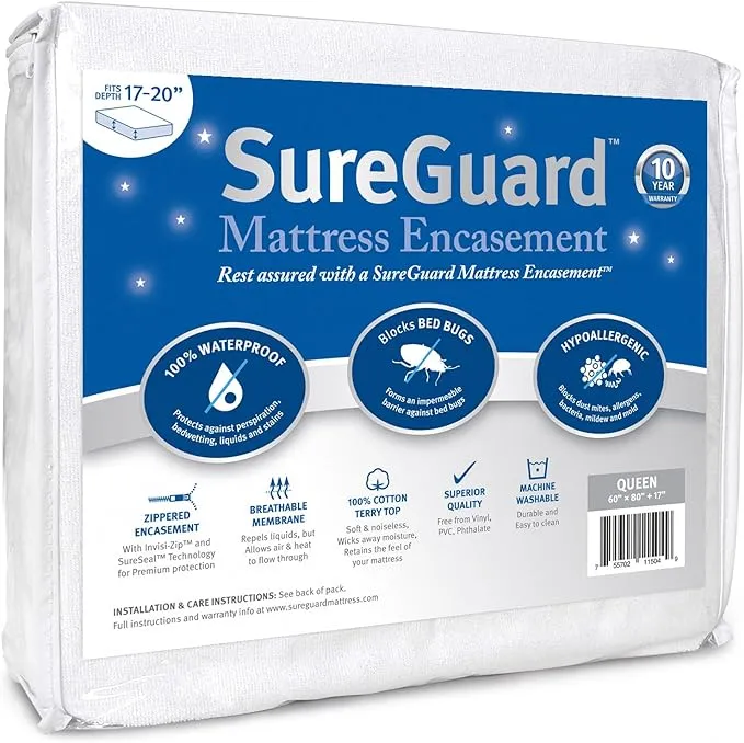 Queen (17-20 in. Deep) SureGuard Mattress Encasement - 100% Waterproof, Bed Bug Proof, Hypoallergenic - Premium Zippered Six-Sided Cover