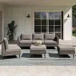 Lausaint Home 6 Pieces Patio Conversation Set, Outdoor Sectional Wicker Sofa PE Rattan Furniture Set with Thick Cushions, Gray