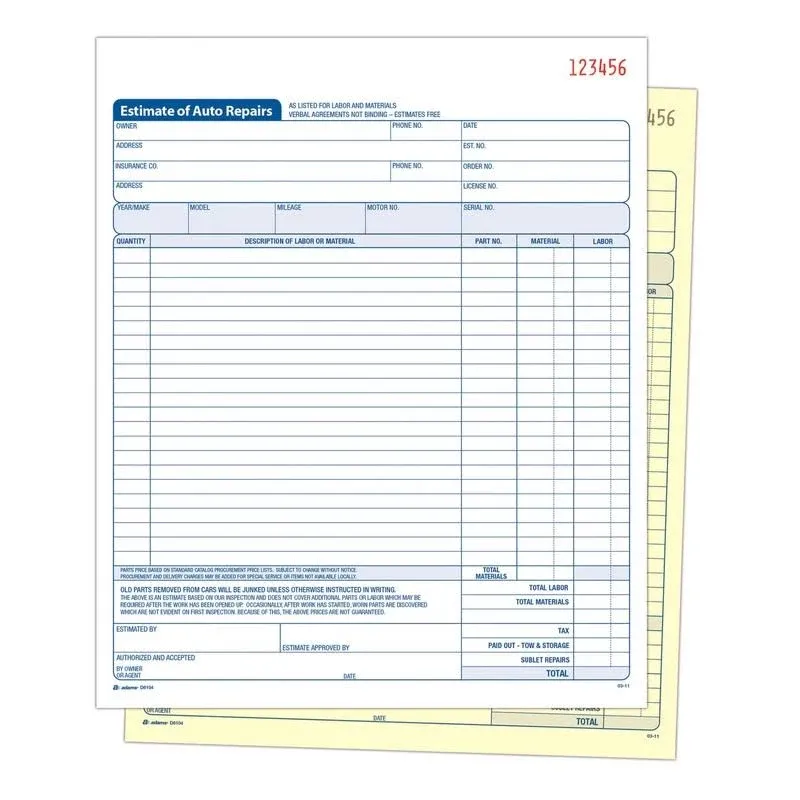 Auto Repair Estimate Book, 2-Part, Carbonless,  50 Sets Per Book