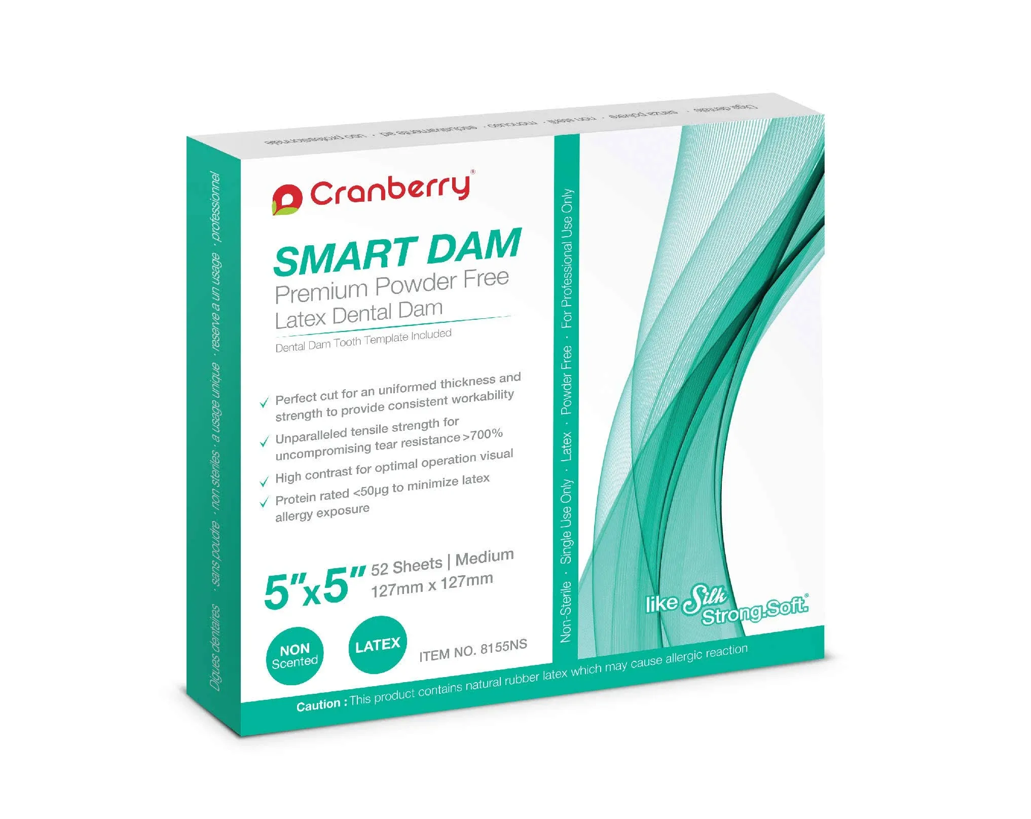 Cranberry CR8155NS Smart Dam Latex Powder-Free, Unscented, Medium Gauge, 5x5, Blue (Pack of 52)