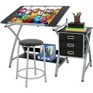 Drafting Table and Stool Set Tabletop Tilted Drawing Table Drafting Desk w/Drawers Artists Workstation