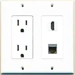 RiteAV - 15 Amp Power Outlet and 1 Port HDMI and 1 Port Cat6 Ethernet White Decorative Type Wall Plate White