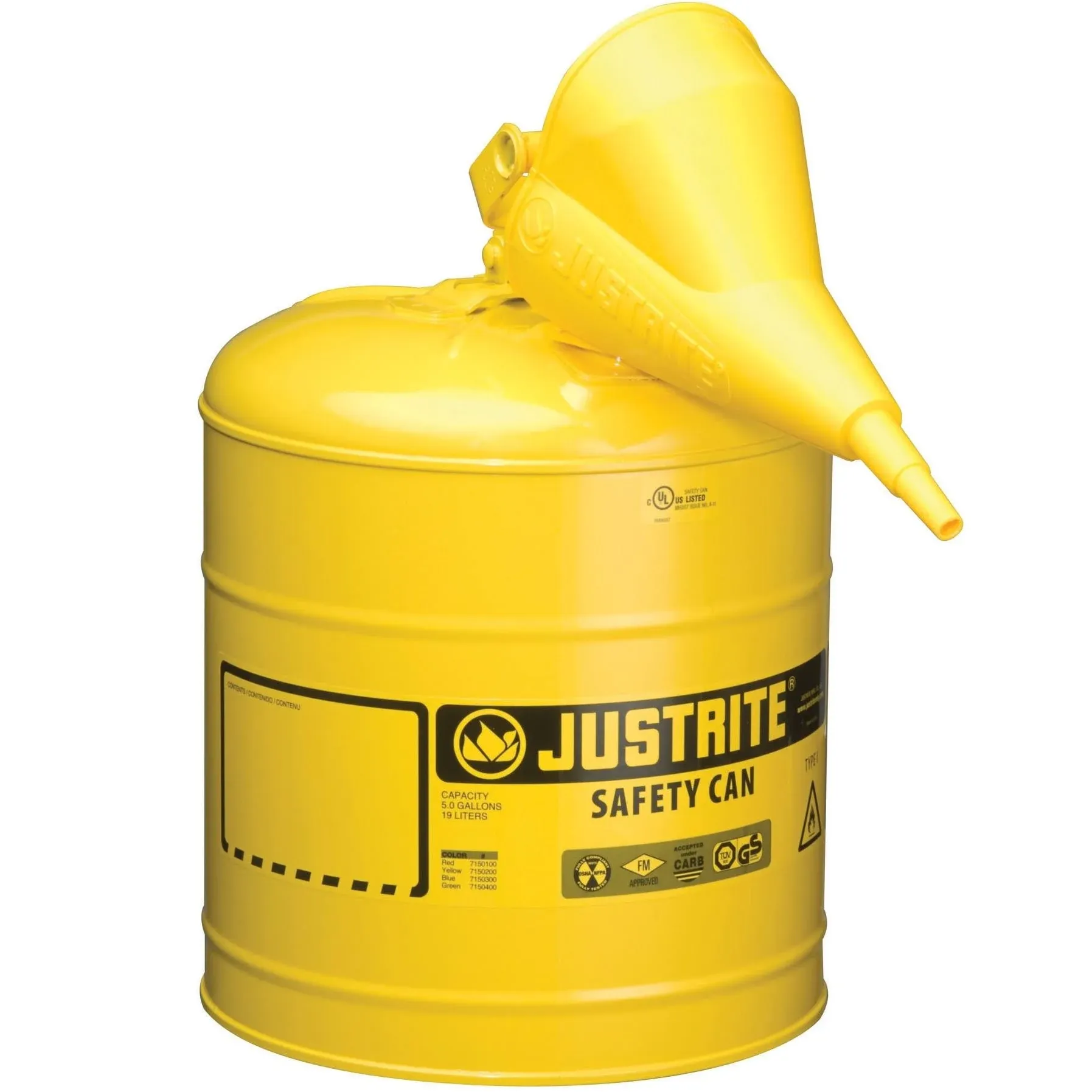 Justrite Safety Gas Can, 5-Gallon, Model# 7150100