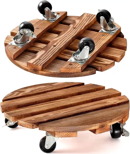  2 Pack Wood Plant Caddy with Wheels Heavy Duty,12 inches Round Rolling 12 Inch